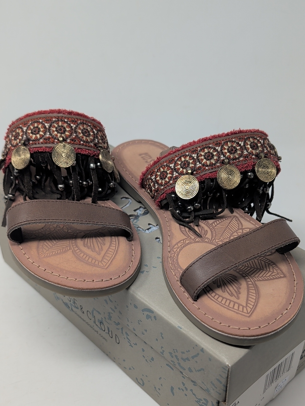 Musse & Cloud Boho Fringe Embellished Brown Leather Slide Sandals